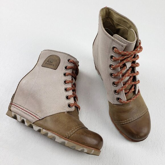 Sorel PDX Wedge Ankle Boot Womens 6 Brown Leather Canvas Lace Up Waterproof - Picture 1 of 12